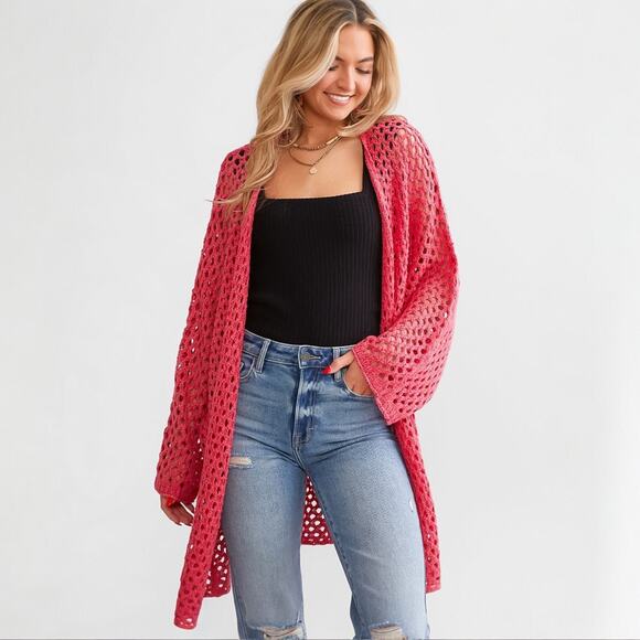 Daytrip Slouchy Cardigan Sweater Azalea Pink Open Knit Long Length Women's XS S - Picture 1 of 9